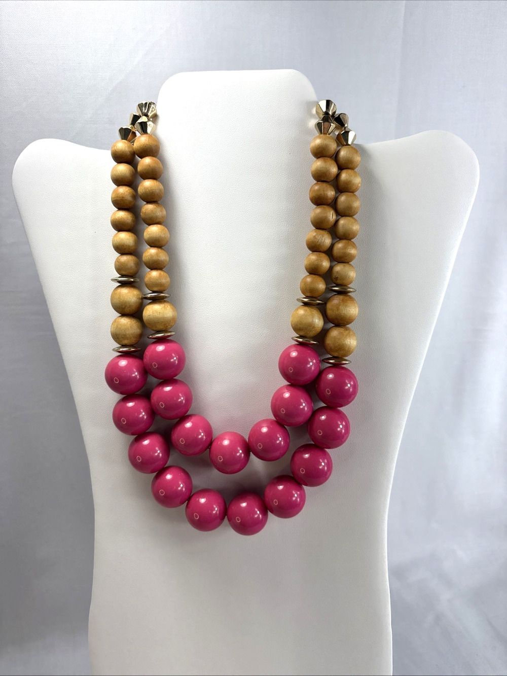 Pink And Natural Wood Double Strand Necklace Gold Tone